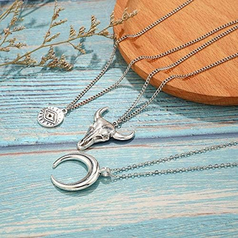 Caiyao Boho Women's Layered Necklace Cowboy Cowgirls Western Women's Chain Necklace Evil Eye Bull Head Necklace Women's Silver Cresent Moon Pendan...