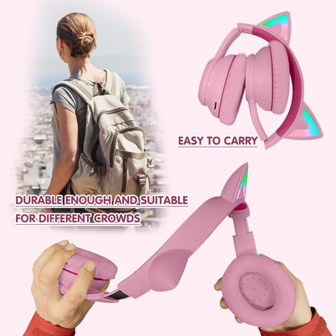 Headphones Cat Ear Wireless Bluetooth 5.3 60H Over Ear, 8H with Led Light Foldable Music Gaming Headset with Aux 3.5mm Mic for Game Pad Tablet Lap...