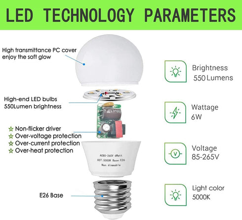 6W A15 Led Blulb 60 Watt Incandescent Equivalent, 550 LM Appliance Light Bulb, E26 Base Ceiling Fan Light Bulbs, 2700K Refrigerator Bedroom Kitche...