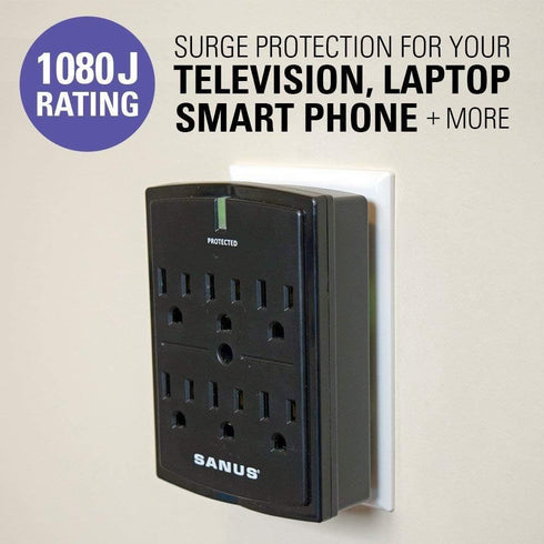 SANUS On-Wall Low Profile 1080J Fireproof Surge Protector with 6 AC Outlets & 3 Lines of Protection - Includes Power Signal Filtering Black...