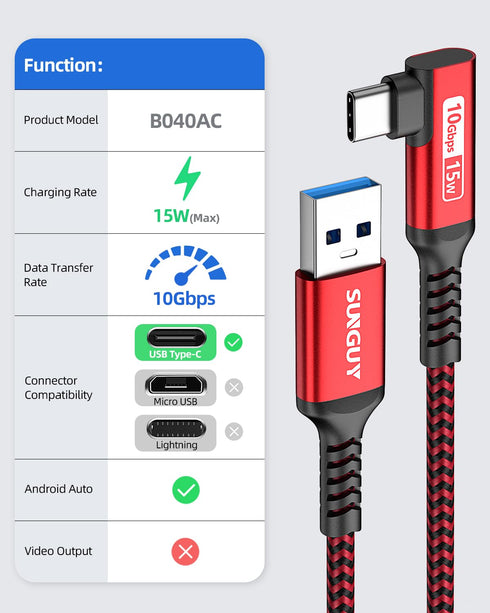 SUNGUY 10Gbps Android Auto USB C Cable 1FT, Right Angle 3A USB C 3.1 Gen 2 Cable, USB C CarPlay Cable, Compatible with iPhone 15/15 Pro Max, Samsu...