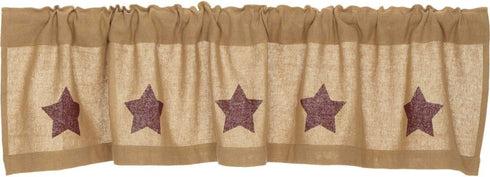 Burlap Natural with Burgundy Stars Primitive 16"x72" Valance Tan Rod Pocket Stenciled Cotton Kitchen Window Curtains...