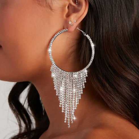 Jeairts Rhinestone Earrings Silver Long Chandelier Dangle Chain Big Cricle Tassel Drop Earrings Sparkly Bridal Prom Jewelry for Women and Girls...