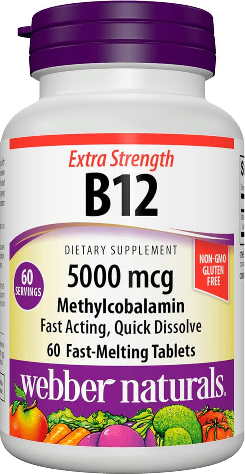 Webber Naturals Vitamin B12 5,000 mcg, 60 Fast-Melting Quick Dissolve Tablets, Supports Energy Production and Metabolism, Gluten Free, Non-GMO, Ve...