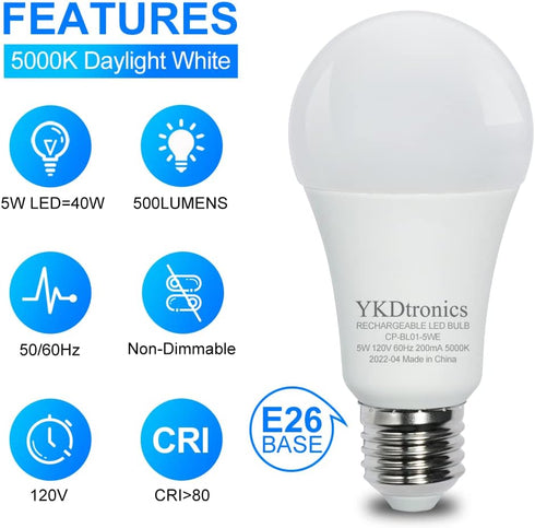 Rechargeable Light Bulbs, Multi-Function Battery Powered Light Bulb for Power Outage, 2000mAh Emergency Battery Light Bulb 500 Lumens 5W 40W Equiv...