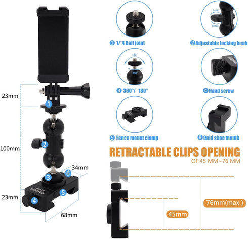 C08 Aluminum Smartphone Fence Mount Compatible for GoPro/Pocket Radar/Mevo Start/DJI Osmo Pocket/DJI Action/Insta360/AKASO Action Camera Game Chan...