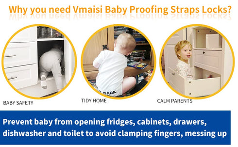 Vmaisi Baby Proofing Cabinet Locks - Childproofing Adjustable Multi Use Straps Latches for Drawers, Fridge, Dishwasher, Toilet Seat, Cupboard, Clo...
