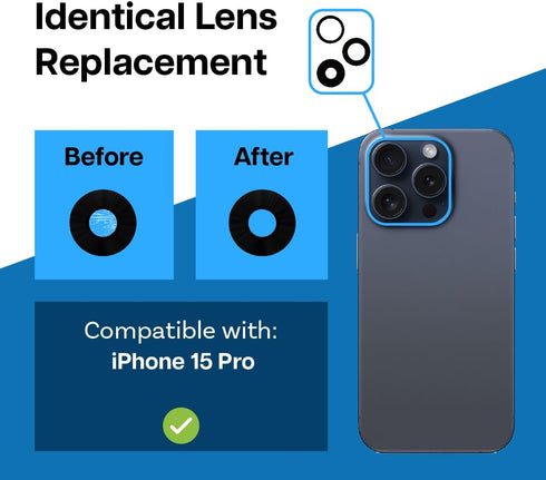 MMOBIEL Back Rear Camera Glass Lens Replacement Compatible with iPhone 15 Pro - Incl. Double-Sided Adhesive, Tweezer and Cloth.......