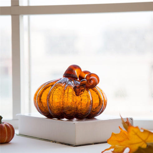 Glitzhome Handblown Amber Crackle Glass Pumpkin for Fall Harvest Decorating (5.51" H)...