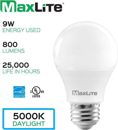 MaxLite A19 LED Bulb, Enclosed Fixture Rated, 60W Equivalent, 800 Lumens, Dimmable, E26 Medium Base, 5000K Daylight, 4-Pack...