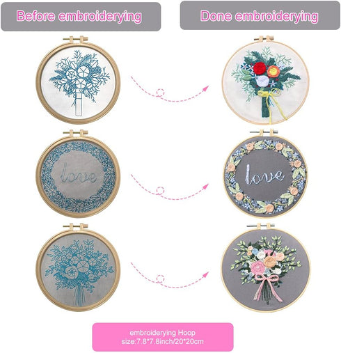 3pcs Embroidery Starter Kit for Beginners Floral Embroidery Kit DIY Material Package with 20cm Bamboo Embroidery Hoop......