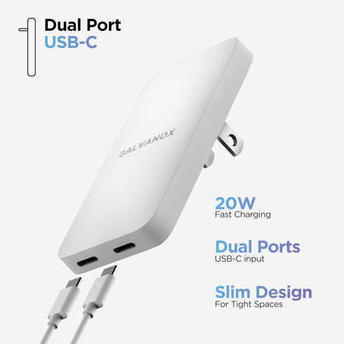 Galvanox Dual USB-C Flat Wall Charger - Fast Charging Ultra Slim Outlet Plug, Multi Port Type C for iPhone 13, 14, iPhone 15 Pro Max and Samsung G...
