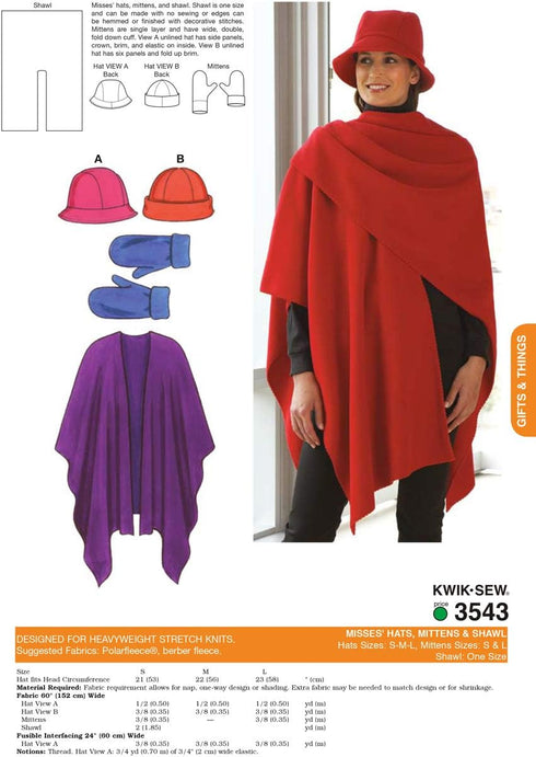 Kwik Sew K3543 Hats Sewing Pattern, Mittens and Shawl...