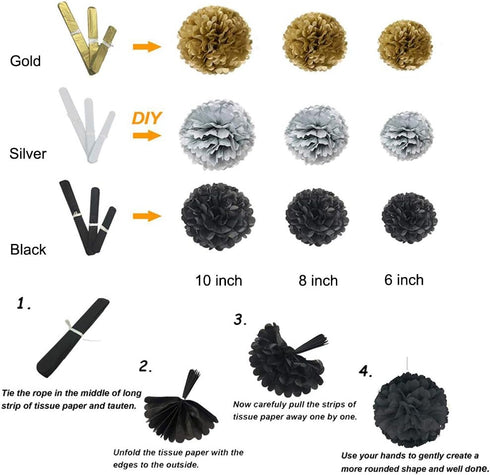 Black and Gold Party Decorations - DIY Tissue Paper Pom Poms Flowers, Tassel, Balloons, Hanging Swirl, Paper Circle Garland for Graduation and Ret...