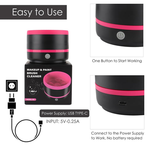 Electric Makeup Brush Cleaner Machine, Quick Cleaning Make Up Brush Washing Tool, Fast Spin and Clean in Seconds - Black & Pink...