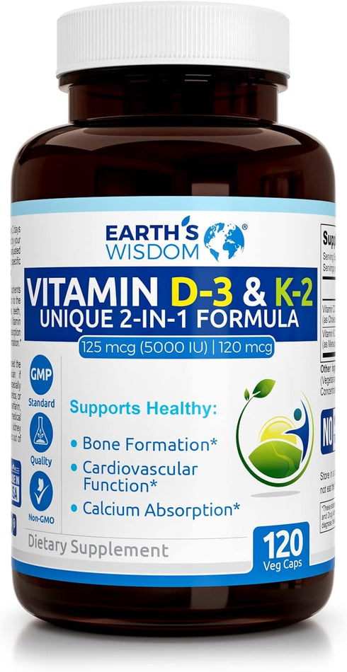 Earth's Wisdom Vitamin D3 5000 IU with K2 (MK7) Formula. Muscle, Bone, Heart & Immune Support. Superior Absorption. 120 Capsules. Free from Gluten...