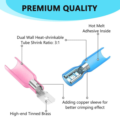 200 Pcs Heat Shrink Spade Connectors, Male and Female Spade Connectors, Blue Heat Shrink Wire Terminals, Insulated Quick Disconnect Electrical Ter...