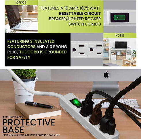 Go Green Power Inc. 2.5ft 3-Outlet Power Strip - Compact, Durable, Ideal for Travel & Home Use with Right-Angled Plug and Circuit Breaker - GG-130...