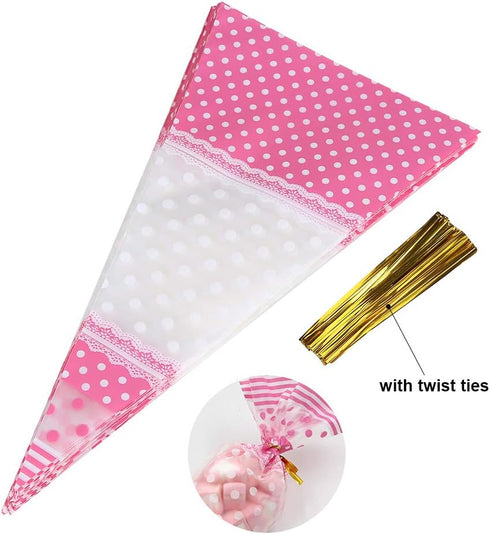 FTVOGUE 50 Piece Clear Cone-Shaped Treat Popcorn Bags Treat Bags Cellophane Candy Bags with Twist Ties(Pink)...