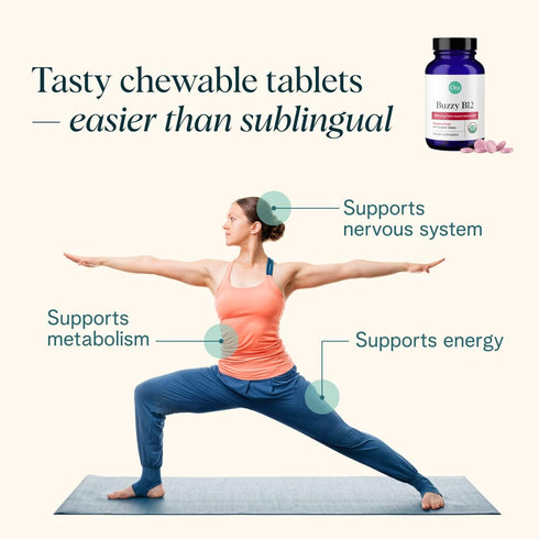 Ora Organic Vitamin B12 1500mcg - plant-based methylcobalamin for adults - Natural stimulant-free energy, Raspberry flavor chewable tablets, no ad...
