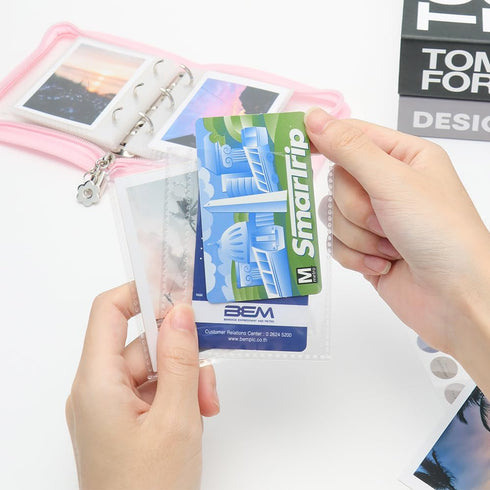 Mini Kpop Binder Business Card Holder Photocard Collector 3-Ring Pink Zipper Clear PVC Cover Photo Album with 25 Sheets 3 Inch Top Loading Card Pa...