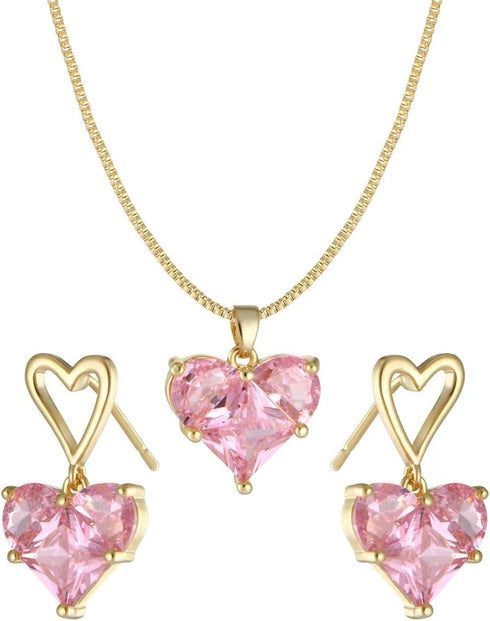 Pink Heart Necklace Earrings Cubic Zirconia Heart Wedding Necklace Earrings Set Bridesmaid Bride Pendant Necklace Earrings for Women(A-Gold,Pink)...