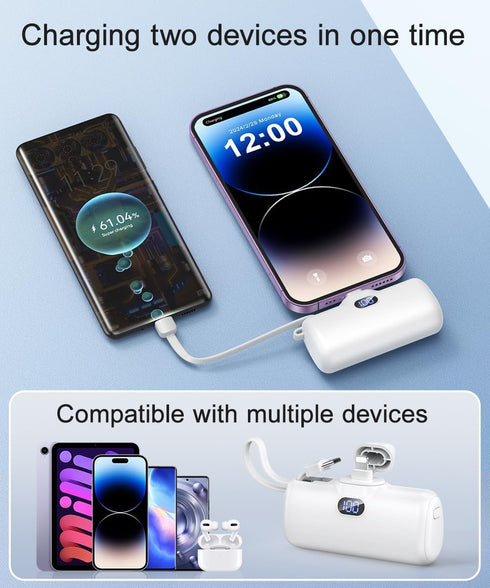 Portable Charger, Mini Power Bank, 5000mAh Phone Charger, Compact Battery Pack for iPhone&Android, USB C Cable, LCD Display, Battery Bank Compatib...