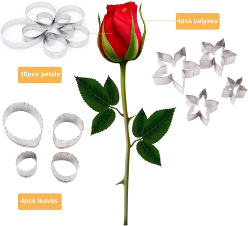 18pcs Gumpaste Flower Mold Austin Rose Petal Calyx Leaf Cutter Set Sugarcraft Fondant Modelling Tools for Cake Decorating, Chocolate, Soap, Gum pa...
