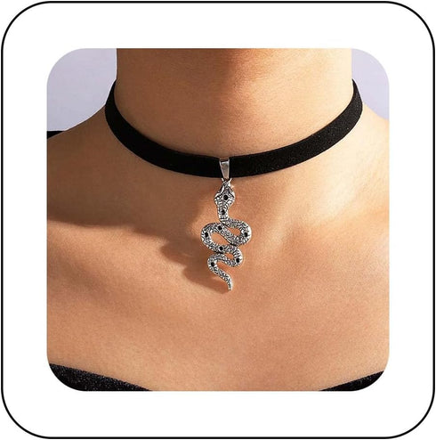 Boho Snake Velvet Choker Necklace Silver Snake Necklace Choker Gothic Black Ribbon Necklace Punk Serpent Necklace Chain Jewelry for Women...