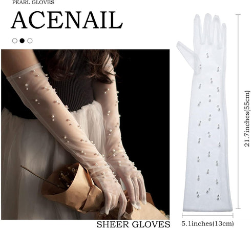 Pearl Women’s Wedding Gloves Long Tulle White Finger Lace 20s Opera Evening Party Sheer Gloves for Brides...