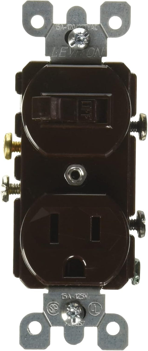 Leviton 5225 15 Amp, 120 Volt, Duplex Style Combination Single Pole Switch/Receptacle Grounding, Brown......