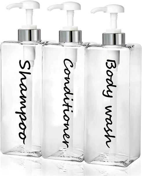 21oz Shampoo Dispenser - Refillable Shampoo and Conditioner Bottles (Clear, Set of 3) - Modern Shampoo Bottles for Shower Soap - Empty Shampoo Con...