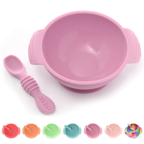 PrimaStella Unbreakable Silicone Non-Slip Bowl and Chew Spoon Set for Babies and Toddlers (Purple)...