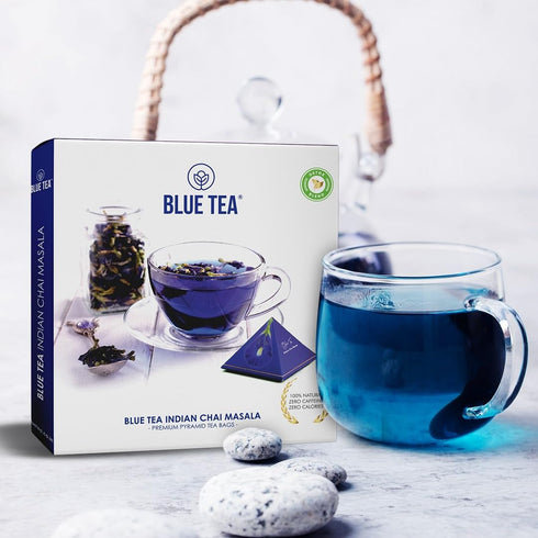 BLUE TEA - Indian Chai Masala - 12 Count - Pyramid Plant Based Tea Bag | Butterfly Pea Flower | Flower & Indian Spices Based | Caffeine Free - Det...