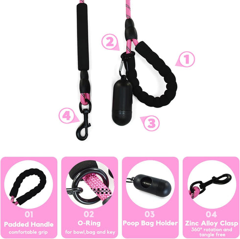 IVY&LANE Heavy Duty Dog Leash with Poop Bag Holder,Strong Rope Dog Leash with Padded Two Handle,5FT Reflective Threads Dogs Leash for Small Medium...