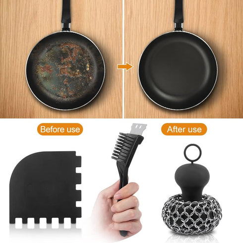 4pcs Cleaning Tool, Stainless Steel Cast Iron Skillet Cleaner, Cast Iron Scrubber Kit,Chainmail Scrubber with Scraper Tool for Cast Iron Pans, for...