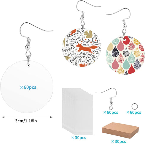 60 Pieces Sublimation Blanks Products, Sublimation Earring Blanks Unfinished Wood Round Earring Pendant with Earring Hooks and Jump Rings Earrings...
