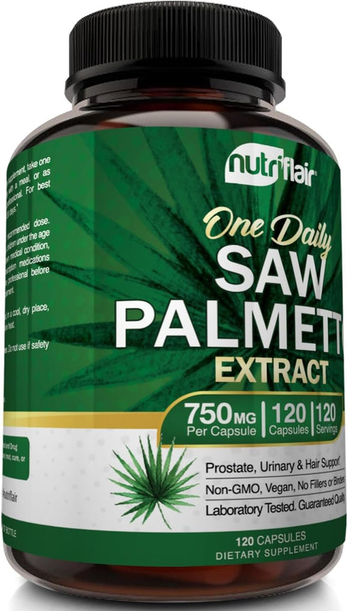 NutriFlair Saw Palmetto Extract 750mg, 120 Capsules - Natural Prostate Supplement & Berry Health Support - Helps Block DHT to Prevent Hair Loss an...