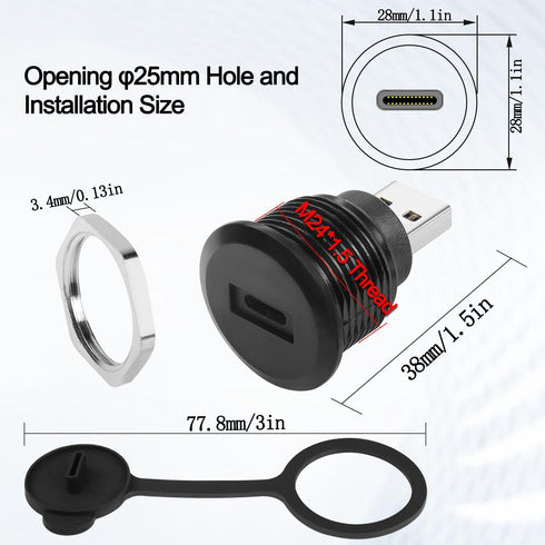 QIANRENON USB3.0 to USB C Threaded Fixing Adapter 5Gbps USB3.0 Male to USB C Female Circular Connector USB3.0 to Type C Data Converter Mount Socke...