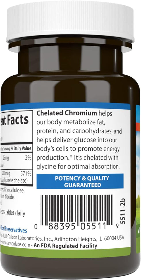 Carlson Chelated Chromium 200 mcg Superior Absorption - Healthy Metabolism Energy Production & Optimal Wellness - 100 Tablets...