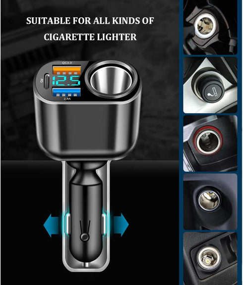 4 Ports Fast Car Charger Cigarette Lighter Splitter with LED Voltmeter,QC3.0+PD 30W for Most Phones GPS Dash Cam,Universal 12V/24V Cigarette Light...