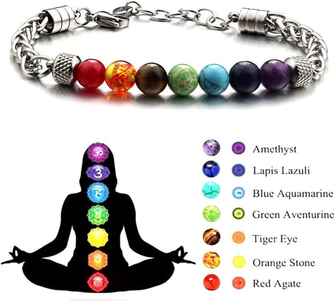 LIU JUN 7 Chakra Bracelet For Men, 8MM Natural Stone Pineapple Beads Stainless Steel Adjustable Silver Cuban Link Chain Handmade Power Healing Gif...