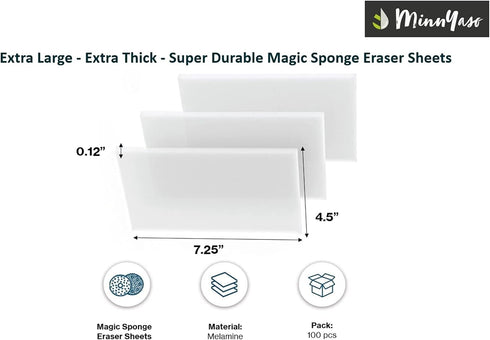 100 Pack Extra Large - Extra Thick - Super Durable Magic Sponge Eraser Sheets 7.25" x 4.5" x 0.12" | All Purpose Household Cleaner Pads for Kitche...