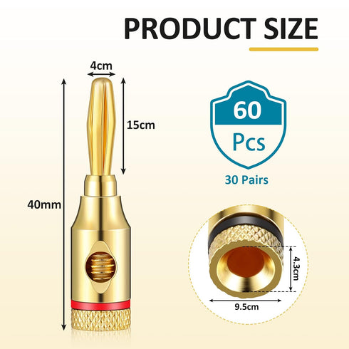 60 Pcs Banana Plugs Gold Plated Speaker Banana Plugs 30 Pairs/ 60 pcs Banana Adapter Connector for Speaker Wire, Wall Plate, Home Theater, Audio/V...