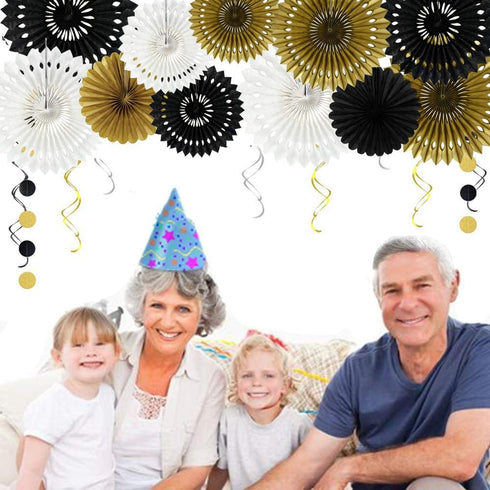 BEISHIDA Black Gold White Hanging Honeycomb Round Paper Fans Decoration Set for New Year Baby Shower Birthday Wedding Bachelorette Photo Booth Bac...