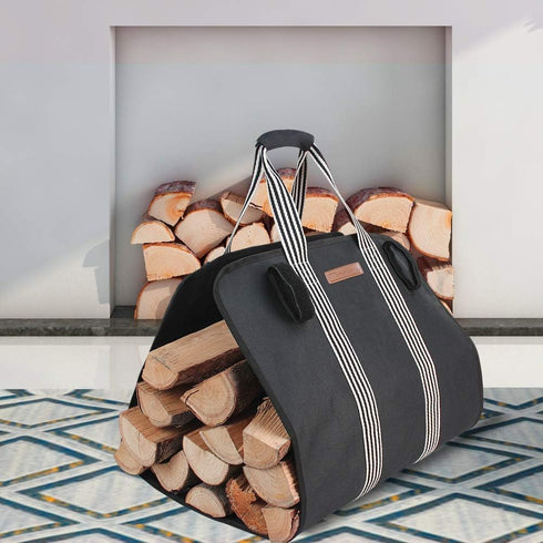 Indoor Heavy Firewood Log Carrier Tote, Oxford Canvas Fabric Foldable Wood Carrier Padded Handles, Outdoor Large Capacity Firewood Carrier Bag wit...