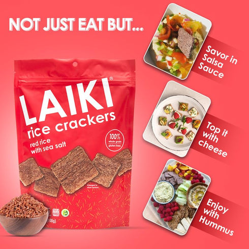 LAIKI Gluten Free Rice Crackers, Red Rice, Resealable 3.53 Ounce Bag...
