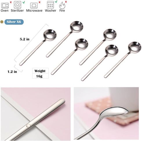 6 PCS Espresso Spoons 18/8 Stainless Steel, 5.2 Inches Vogue Mini Teaspoons Set for Stirring Coffee, Dessert Cake, Ice Cream, Soup, Antipasto Capp...