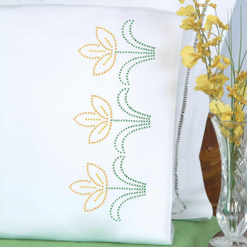 Jack Dempsey Needle Art Cross-Stitch Tulips Perle Edge Pillowcases......