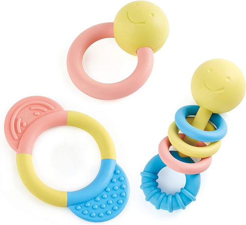 Hape Rattle & Teether Collection | 3-Piece Rattle & Teething Set for Babies, Soft Colors...
